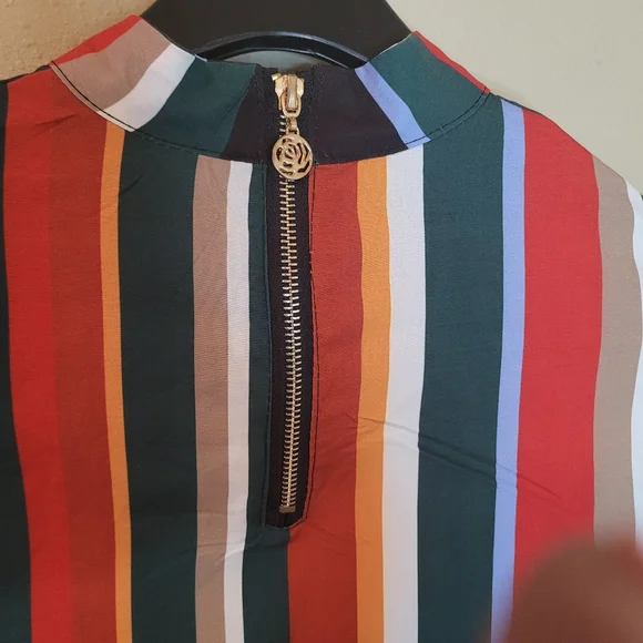 Muriell's Closet blue, red, green, gold, and white striped blouse. Size … - Picture 9 of 12